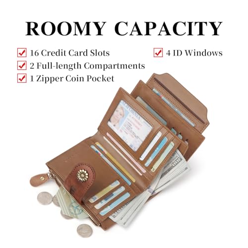 Image of Wallet Women,Rfid Blocking Leather Bifold Womens Wallet Compact Card Holder Small Wallet for Women with Removable ID Window Darkhkaki