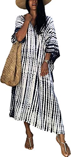 Caftan Women's Plus Size Caftans Stripe Print Tie Dye Vneck Kaftans Loose Soft Kaftan Dresses Loungewear Light Weight Side Split Beach Maxi Dresses (730-1 Black&White) #TOP1