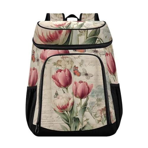 Retro Tulip Flower Rose Cooler Backpack Cooler Insulated Leak Proof Lunch Backpack 36 Cans Waterproof Soft for Men Women Picnic Hiking Camping Beach