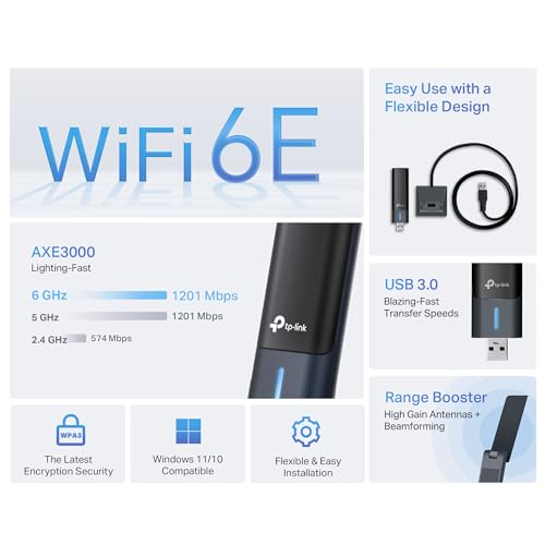 TP-Link WiFi 6E USB Adapter for Desktop PC - (Archer TXE50UH) AXE3000 Tri-Band Wireless Network Adapter, Ultra-Low Latency, MU-MIMO, OFDMA, Refined Security, WPA3, Supports Windows 11/10 by TP-Link - Image 2