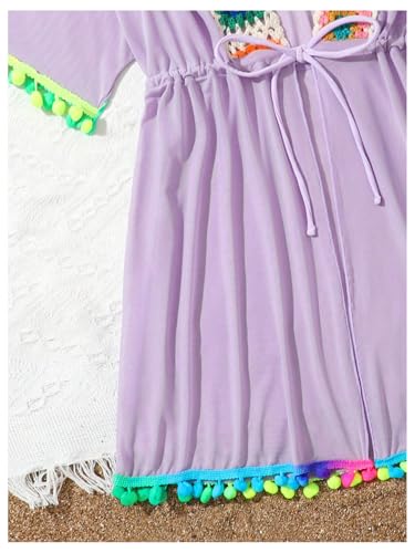 Image of Milumia Girl's Embroidered Tie Knot Cover Up Sheer Pompom Bikini Coverups Beachwear Dusty Purple 11 Years