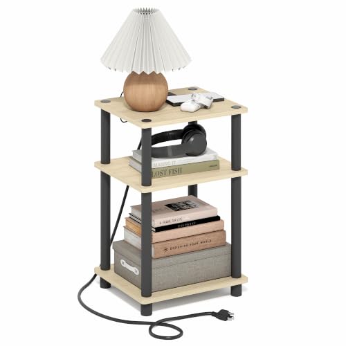 Image of Furinno Just 3-Tier Night Stand with Charging Station, Natural Oak | USB and Type-C Charging Port, Open Shelf Bedside Table, Side Table, End Table, for Living Room, Bedroom