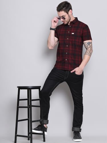 Image of Majestic Man Men Comfort Slim Fit Checked Pure Cotton Half Sleeve Casual Shirt