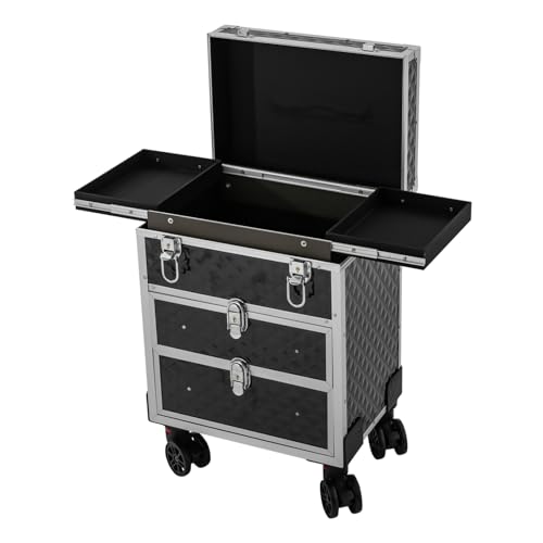 PDTHADP 11 x 8.7 x 37.8 Inch Rolling Makeup Train Case Cosmetology Case on Wheels 66 Lbs Hand-pulled Rolling Makeup Case with 4 Universal Wheels & Retractable Handle Hairdressing Trolley