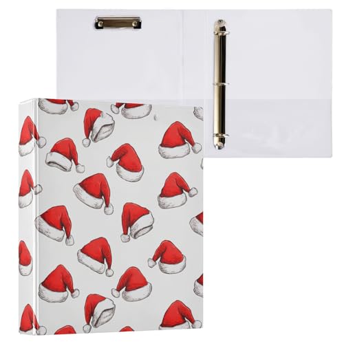 Fustylead Santa Hats in Red and White 3 Ring Binders, Hardcover Folder for School and Office, Durable 1.5" D-Rings, Holds 200 Sheets of A4 Paper, Clipboard & 3 Clear Pockets