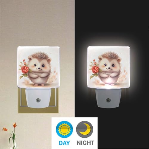 Image of Hedgehog Cute Night Lights 2 Pack Plug-in Wall Led Nightlight Auto Dusk-to-Dawn Sensor Lamps for Bedroom Kitchen Bathroom