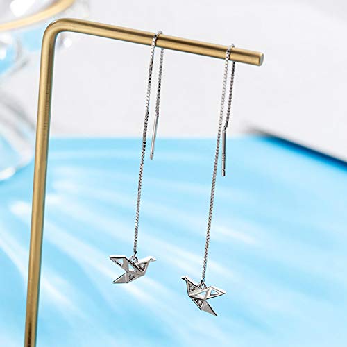 Origami Paper Crane Dangle Drop Earrings Sterling Silver Good Luck Cute Tassel Threader Long Chain Ear Line Stud Earring Minimalist Jewelry Gifts Hypoallergenic For Women Girls (White Gold) #TOP4