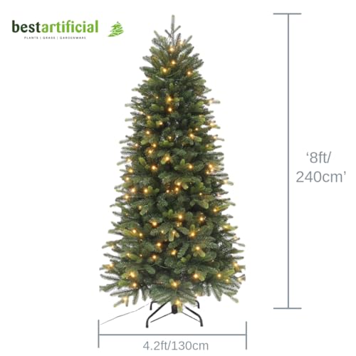 Best Artificial 8ft / 240cm Balsam Fir Pre Lit Christmas Tree With Real Feel PE Tips, Hinged With LED Lights & Battery Box