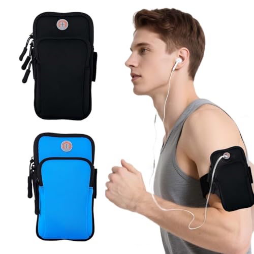 GNALIA Portacellulare Braccio Running, 2 Pezzi, Nero + Blu, Compatibile Smartphone Fino A 6,5, Con Tasca Auricolare E Portachiavi