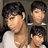 MELANNA Pixie Cut Wig Human Hair Short Human Hair Wigs for Black Women Short Wigs Human Hair Natural Wavy Short Glueless Black Pixie Wigs Cute Cut Layered Wave Natural Hair Short Wig