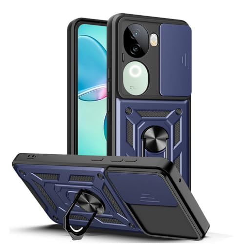 Image of Designerz hub Vivo V50 Pro 5G Back Cover | Heavy Duty Hybrid Case with 360 Degree Rotating Finger Ring Holder + Slider Shutter Camera Protection Case for Vivo V50 Pro 5G 5G - Blue