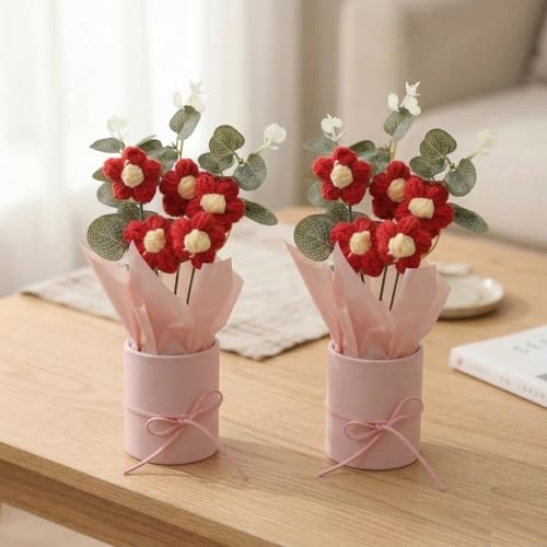 Image of Panchhi Store Handmade Crochet Flower Bouquet in Red Vase, Aesthetic Room Decor for Bedroom, Unique Birthday Gift for Women & Girls, Anniversary Couple, Boho Artificial Table Decoration Items 2 pcs