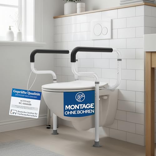 ACTIVAID® - Aufstehhilfe Toilette ohne bohren, WC Haltegriff, Toiletten Aufstehhilfe für Senioren, Toilettenstützgestell höhenverstellbar, Toilettensitzerhöhung mit Armlehnen, Senioren WC - weiß