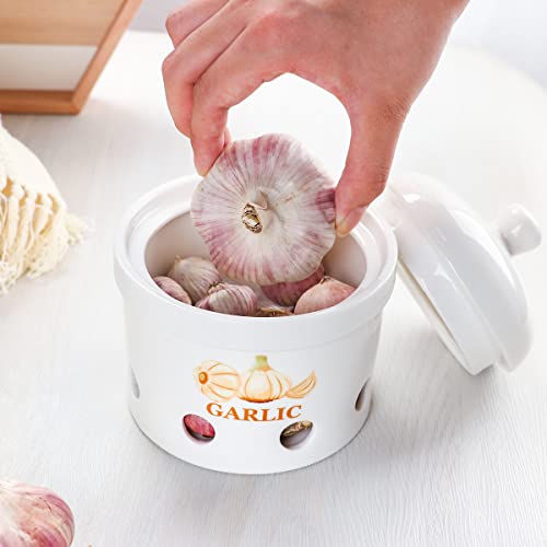 Swetwiny Garlic Keeper With Lid, 5 Inch Ceramic Garlic Saver Container, White Garlic Holder Storage Keep Garlic, Onion, Ginger, Patato Fresh Longer (Garlic Sticker) #TOP6