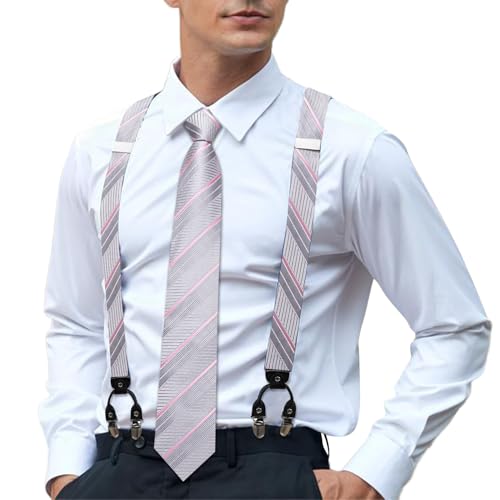 Image of Hi-Tie Men's Suspenders and Tie Set Silk Adjustable Elastic Y Braces with Strong 6 Clips Pocket Square Set