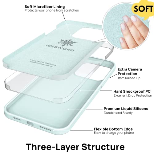Icesword Iphone 14 Pro Case Mint Green (2022), Liquid Silicone Case Phone Cover Slim Full Body Protective,Soft Anti-Scratch Microfiber Lining, Greenish Cute [Shockproof] 6.1 Inch 14Pro- Mint Green #TOP2