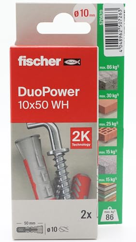 fischer - Duopower 10 x 50 avec douchette - 2U, chevilles murales multi-matériaux, pour accrocher des vélos, des cadres, des armoires, des supports de télévision, des étagères, des meubles.