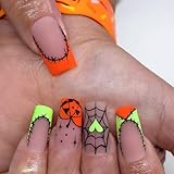 Halloween French Tip Press On Nails - Pumpkin Square Shape Acrylic Full Cover False Nails - Cute Stick On Reusable Artificial Heart Glue On Nails for Women Girls