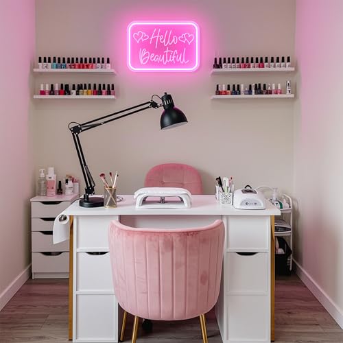 Image of VIKLIU Hello Beautiful Neon Signs for Wall Decor,Pink Led Neon Sign for Teen Girls Dimmable Led Lights Signs for Aesthetic Room Girls Bedroom Decor, Beauty Salon,Party