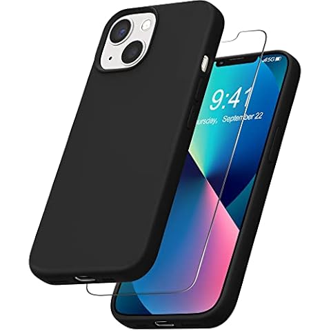 YATWIN Liquid Silicone Case Compatible for iPhone 13 with Tempered Glass Screen Protector, Slim Flexible Soft Full Body Shockproof Phone Case Compatible for iPhone 13 - Black Cover