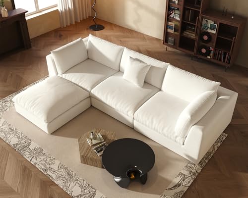Fajiani Oversized Modular Sectional Sofa,Cloud Couch Deep Seat Sofa Cushion Covers Removable, Oversized Sectional Couches for Living Room (3 Seater+1 Ottoman-Cream White)