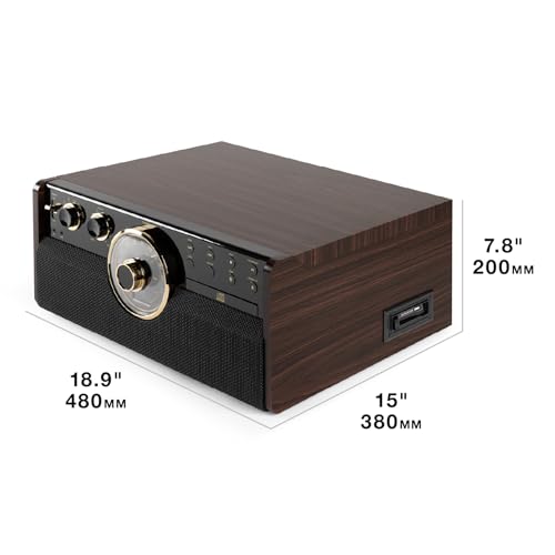 Image of Victrola Empire - Wood 6-in-1 Bluetooth Record Player - Espresso | Mid-century wood music center plays vinyl, CD, cassette, FM radio and aux, built-in stereo speakers, RCA out, headphone jack