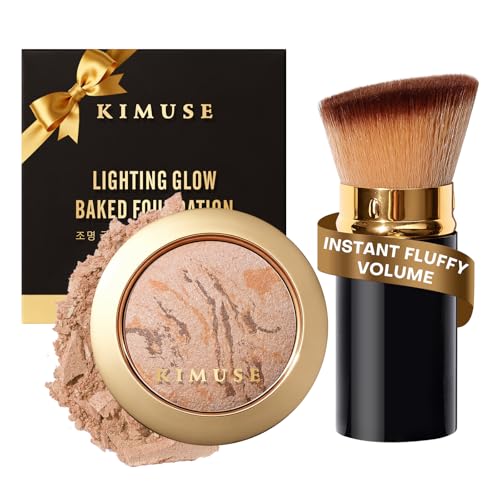 KIMUSE Baked Foundation - Brighten Color Correcting Powder Foundation with Retractable Kabuki Brush Makeup Set for Mature Skin Buildable Coverage Radiant Natural Finish