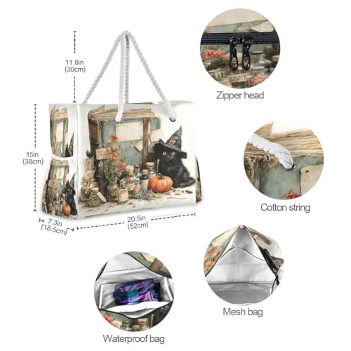 Large Beach Bags Totes Canvas Tote Shoulder Bag Black Cat Magic Books Water Resistant Bags for Gym Travel Daily4