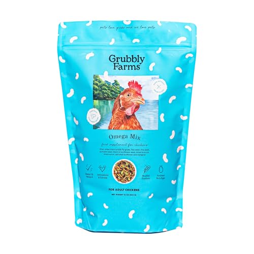 Grubbly Farms Omega Mix Chicken Treats for Laying Hens - Superfood and Omega-Rich Chicken Feed Supplement to Support Egg Production Strong Eggshells and Nutritious Yolks - 1LB