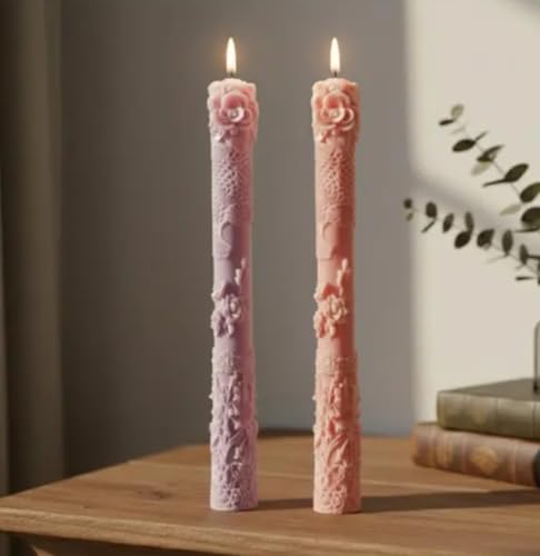 Bougies coniques de décoration motif floral relief rose violet idée cadeau maison originale