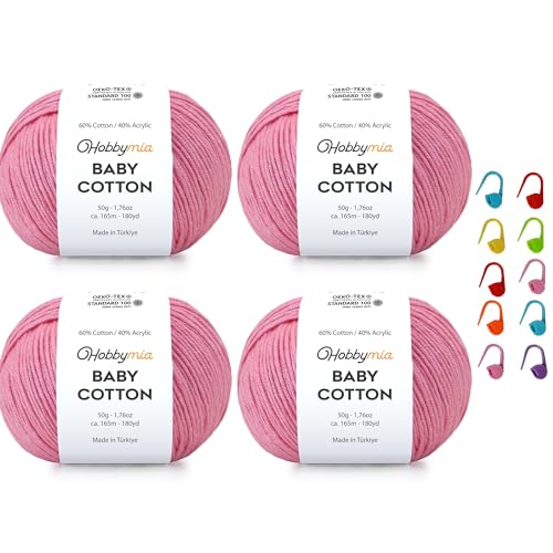 Image of Baby Cotton Blend Yarn - Soft Sport Weight Yarn for Crochet & Amigurumi - 50g /180yds - 60% Cotton 40% Acrylic - Ideal for Baby & Knitting Proj. & 10 Stitch Markers(Muted Pink, 4 Balls)