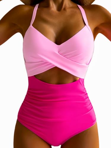Image of IFFEI Women One Piece Swimsuit Mommy and Me Tummy Control Bathing Suit Colorblock Cutout Tie Back High Waist Girls Swimwear
