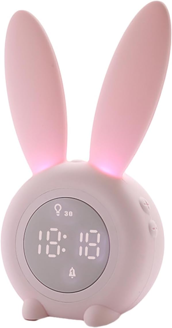 Cute Bunny Ear LED Night Light Alarm Clock USB Rechargeable Small Silent Digital Clock with Snooze Function for Bedroom Decor Pink