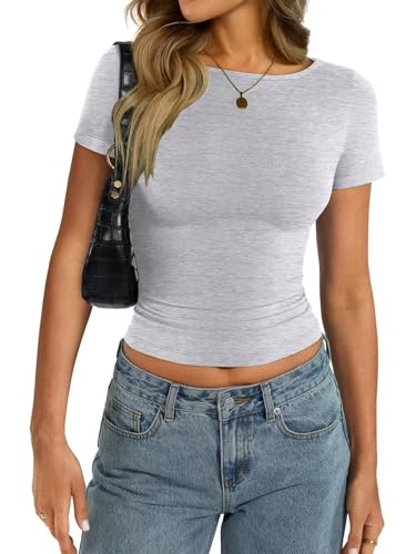 Womens Cotton Boat Neck Short Sleeve Shirts Summer Crop Tops Basic Going Out Tee Fashion Y2K Outfits 2025