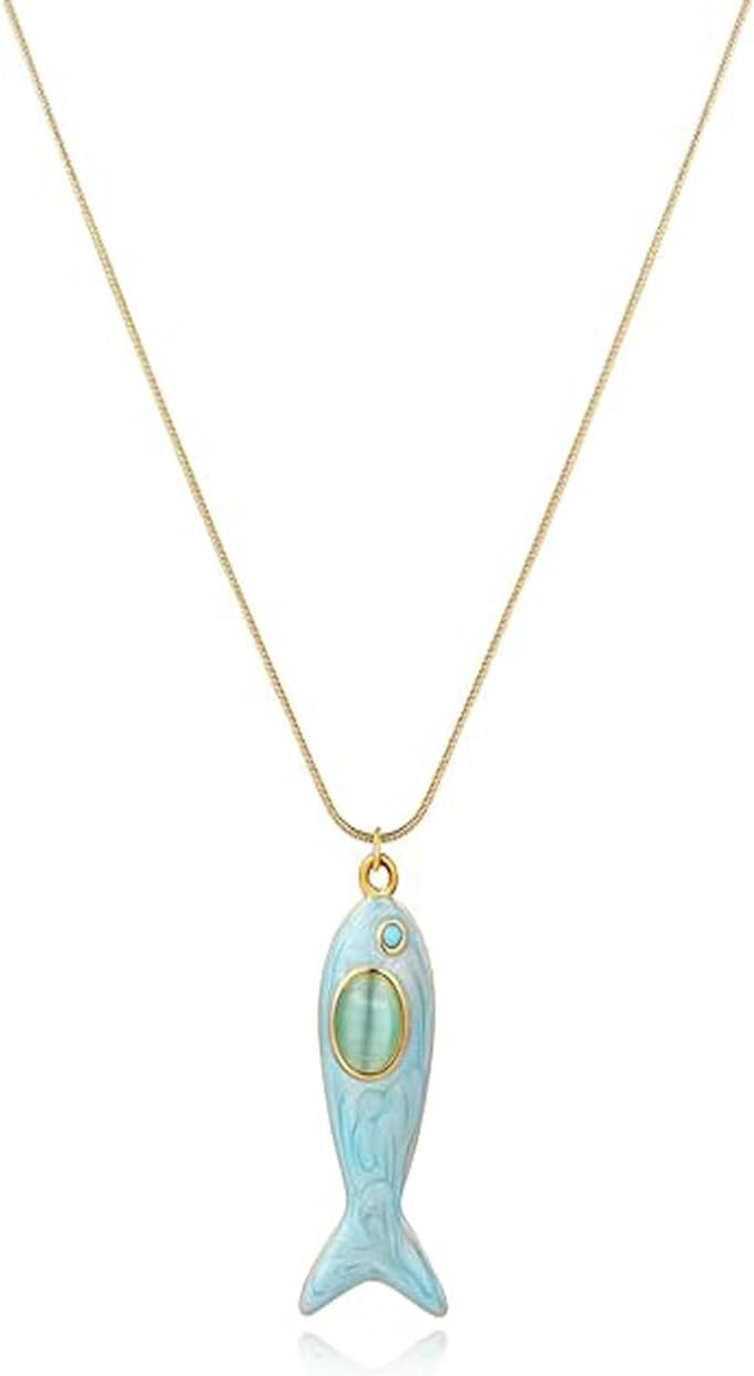 Boho Fish Pendant Necklace for Women Adjustable Fish Gemstone Necklace Colored Fish Enamel Charm Necklace Sunmmer Beach Jewelry Gifts