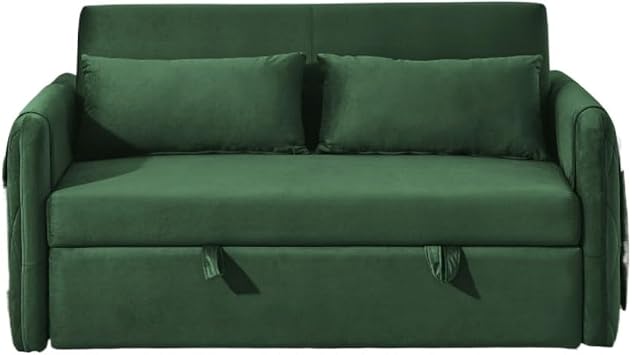 Convertible Sofa Bed with 2 Arm Pockets,Velvet Loveseat Sofa with Pull Out Bed and Living Room Adjustable Backrest