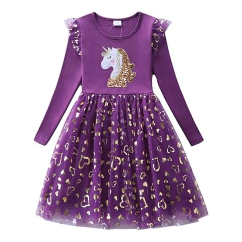 Flenwgo Toddler Girls Long Sleeve Autumn Spring Dress Casual Outfits Party Tutu Dress Sparkle Unicorn-Purple 4 Years Cover