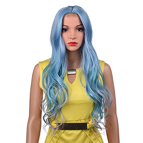 24inch Long Wavy Synthetic Wigs Mixed Blue Color Natural Wave Wigs for Women Hairline Lace Wig Mixed Blue Color Heat Resistant Hair Replacement Wigs (M blue)