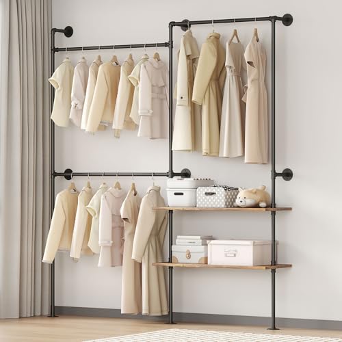DABILONGC Industrial Pipe Clothing Rack Wall Mounted Heavy Duty, Space Saving Garment Hanger System for Wardrobe/Walk-in Closet (Black, 2 Tier)