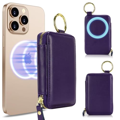 Image of Compatible with MagSafe Wallet,Magnetic Wallet for iPhone iPhone 16 Pro Max /15 Pro /14 Plus /13 /12 Series,Leather Zipper Pocket Card Holder Adjustable Stand-Light purple