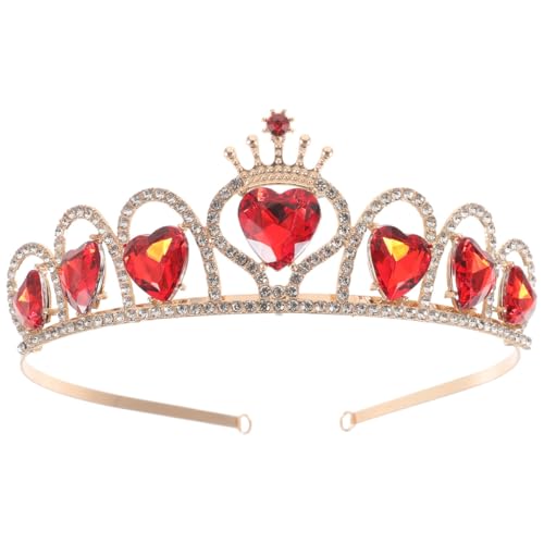 FRCOLOR Heart Tiara Wedding Crown with Red Rhinestones and Pearls 5.7 Inch Hair Jewelry for Bride and Party Elegant Headband