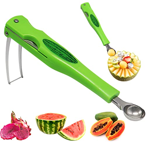 Cortador de Sandia 3 en 1, RosyFate Cortador de Bolas Sandia, Cuchara Bola Fruta, Tenedor de Cortar Sandia, para Melón, Papaya, Fruta del Dragón