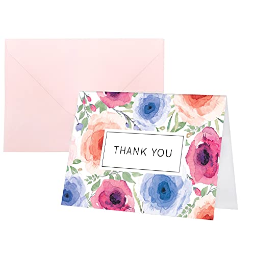 Purple Q Crafts Floral Thank You Cards With A Watercolor Floral Design, 20 Blank Thank You Cards With Envelopes 4" X 6" Pretty Thank You Notes With a Pink Corresponding Envelope