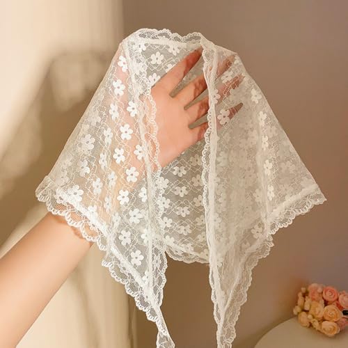 Weißes Blumen Spitzen Haar Bandana Kopftuch Haartuch Damen Zum Binden Seidentuch Elegantes Haare Bandanas Süße Dreieckstuch Mädchen Kopfbedeckung Damen Blumenkopf Kopftücher Haartücher Haaraccessoires