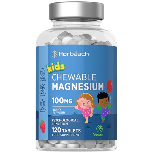 Kids Magnesium Chewable Tablets 100mg | Berry Flavour | 120 Count | Magnesium Citrate Tablets for Children Aged 4+ (Not Gummies) | Vegan | by Horbaach