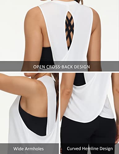 The Gym People Women's Open Cross Back Workout Tank Tops Loose Fit Sleeveless Yoga Running Shirts White #TOP4