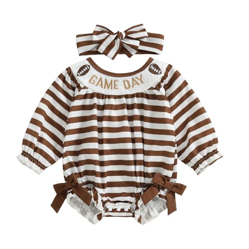 GOOCHEER Fall Newborn Baby Girl Clothes Game Day Football Embroidered Stripe Long Sleeve Romper Jumpsuit Outfit