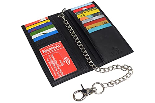 MARSHAL RFID Blocking Chain Wallets for Men Biker Long Bifold Genuine Leather Wallet with Chain (Black with Chain)2