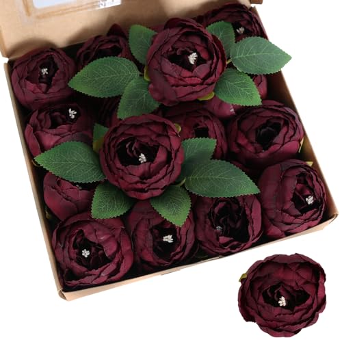 16PCS Dark Red Peonies Artificial Flowers 3.5'' Big Silk Peony Heads Bulk
