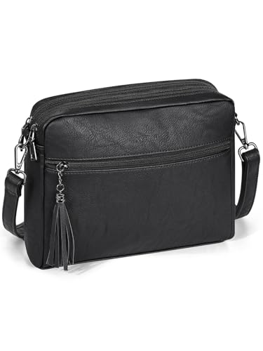 Crossbody Bags for Women, Lightweight Medium Crossbody Purse, Soft Leather Purses for Women Shoulder Handbags with Tassel Pure Black